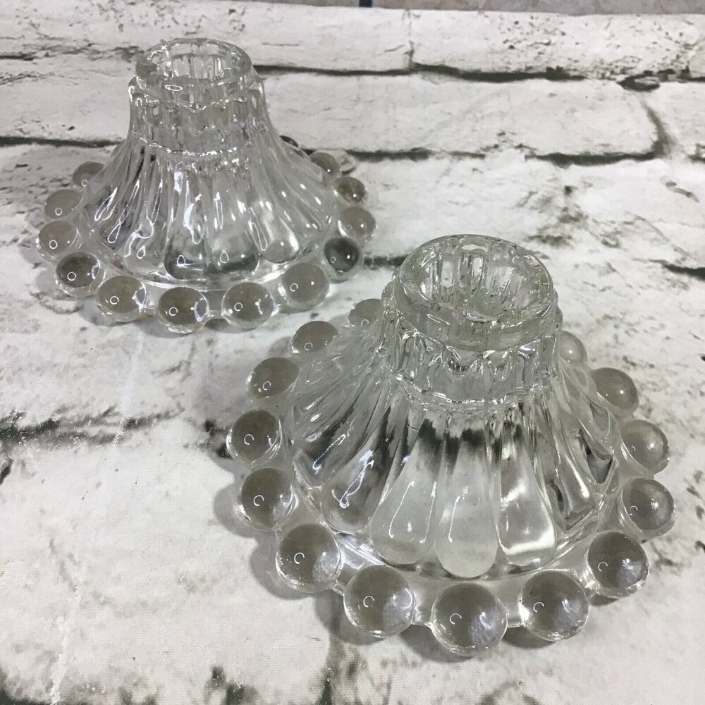 Vintage MCM Clear Glass Candlestick Holders Set Of 2 Classic Tapers Elegant